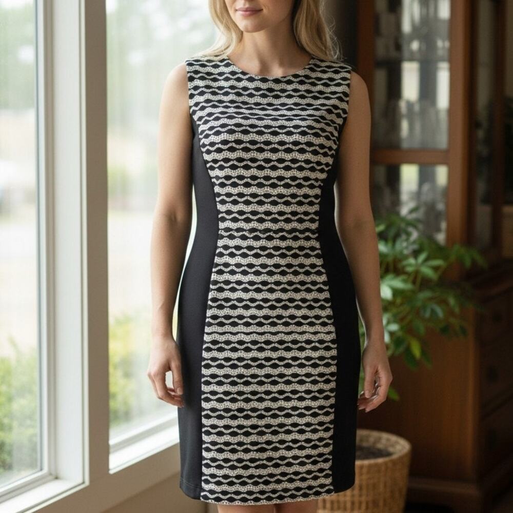 Evan Picone Black White Shift Dress Sz 16 Slimming Knee Length Stretchy Zipper